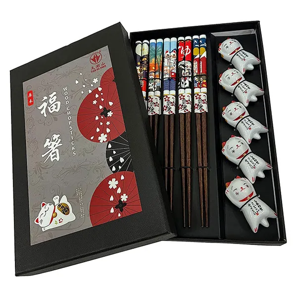 Chopsticks with Lucky Cats 5 Pair Gift Set - 22.5cm